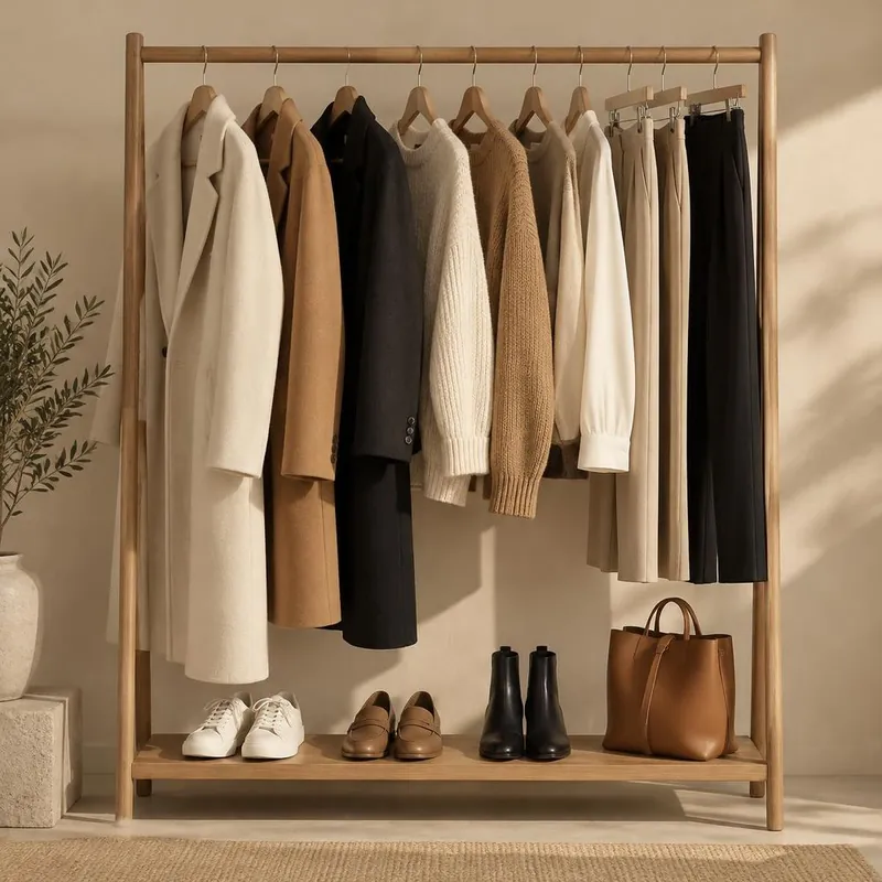 Neutral capsule wardrobe on a wooden rail